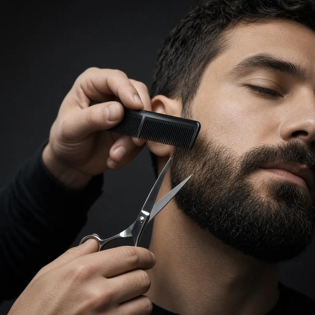 Barber shaping a full beard with scissors and comb