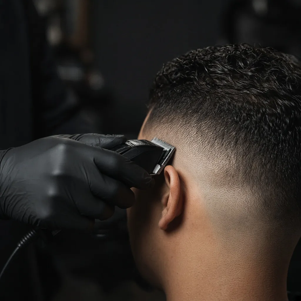 Barber blending a skin fade with clippers