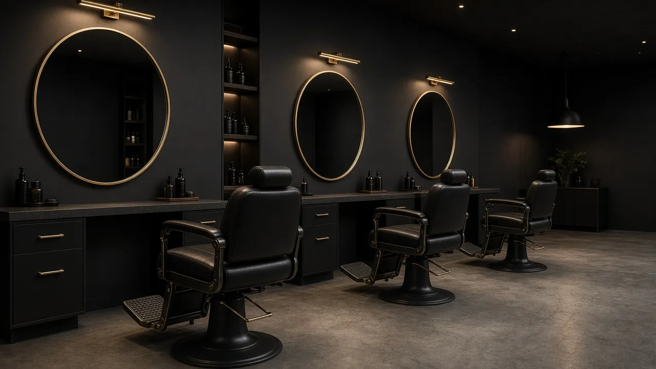 Black leather barber chairs and round mirrors inside Delta Barber Shop