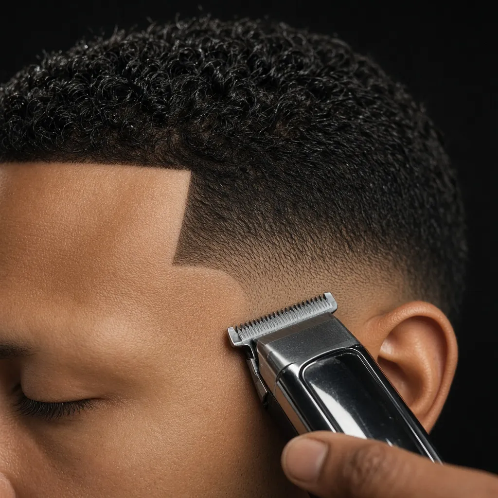 Crisp hairline lineup being edged with a trimmer