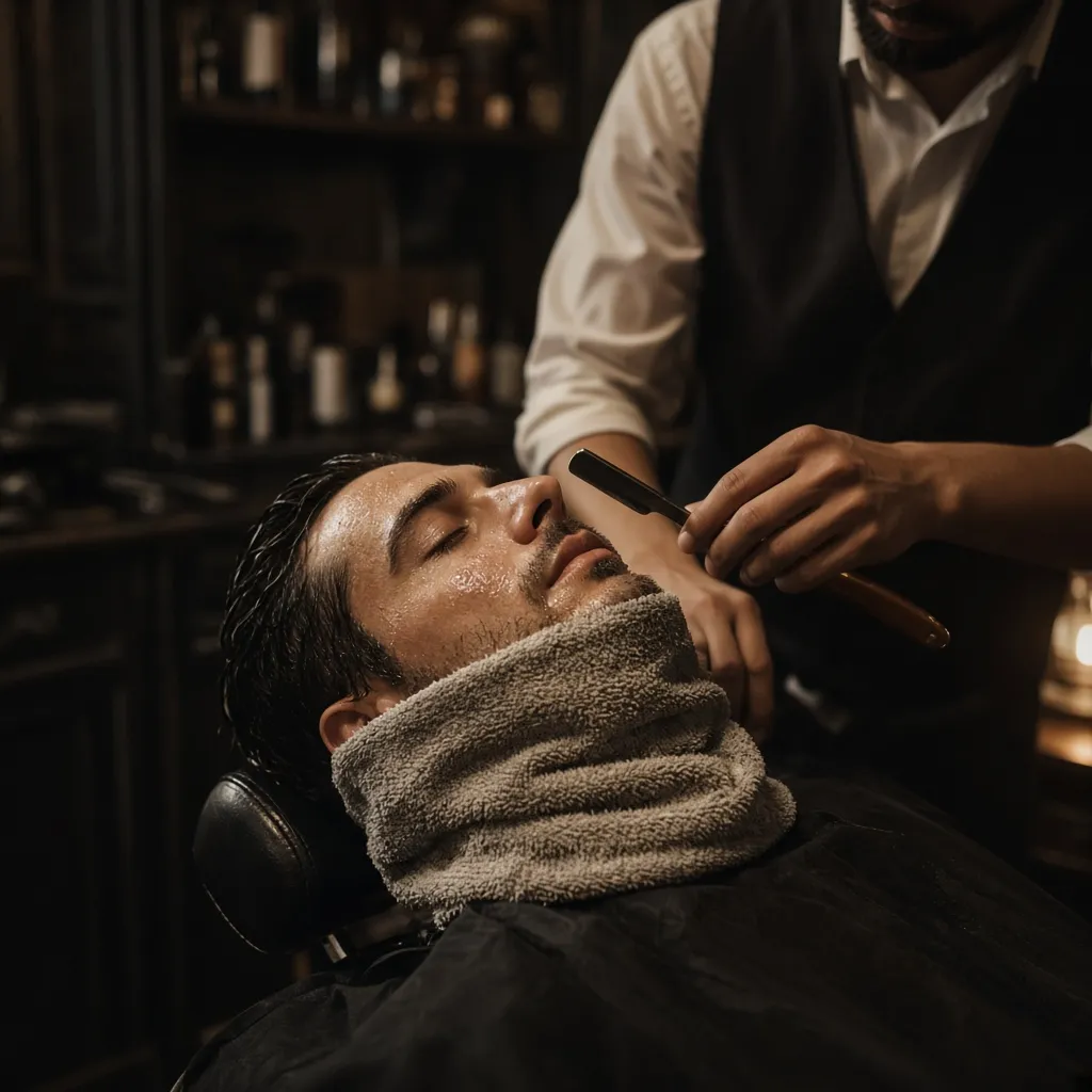 Client relaxing during a hot towel straight razor shave