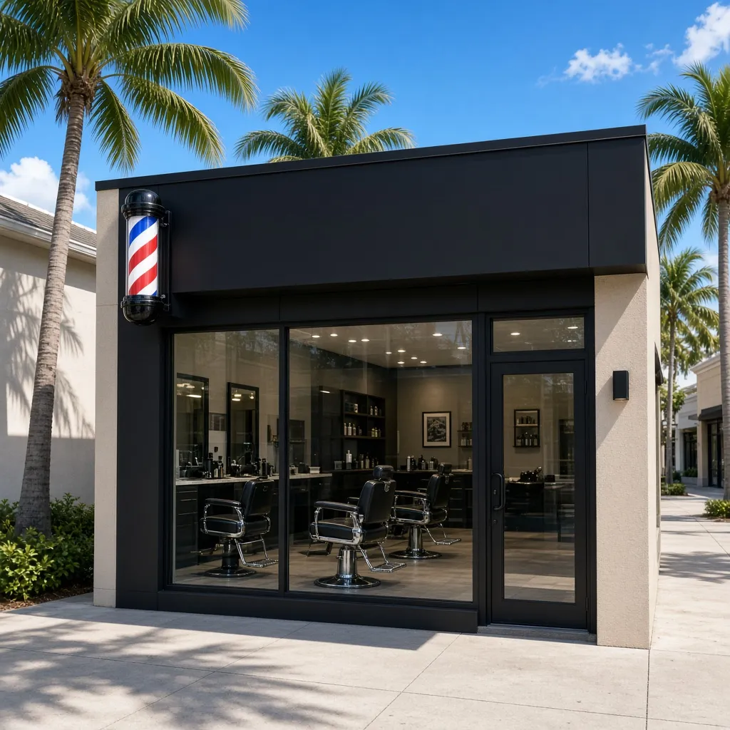 Delta Barber Shop storefront with palm trees and a barber pole