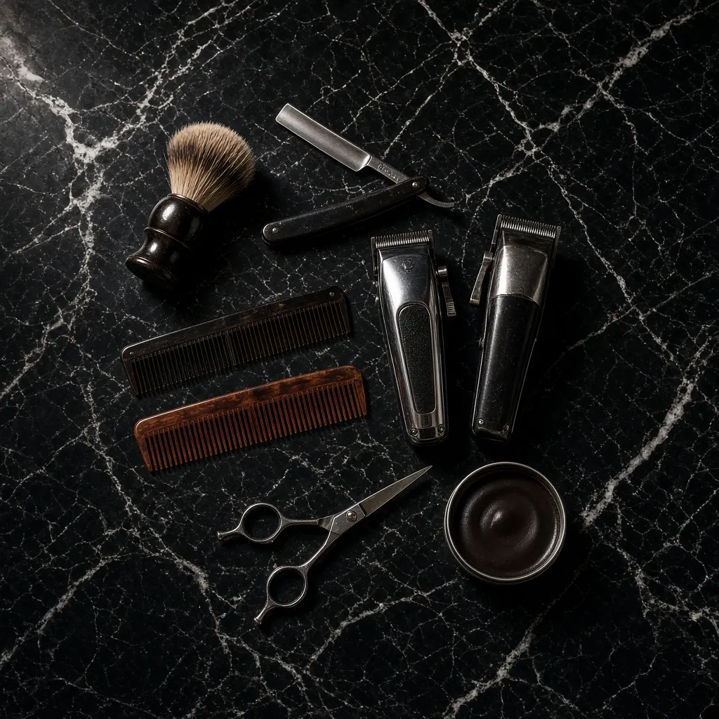 Clippers, straight razor, combs and shaving brush on marble